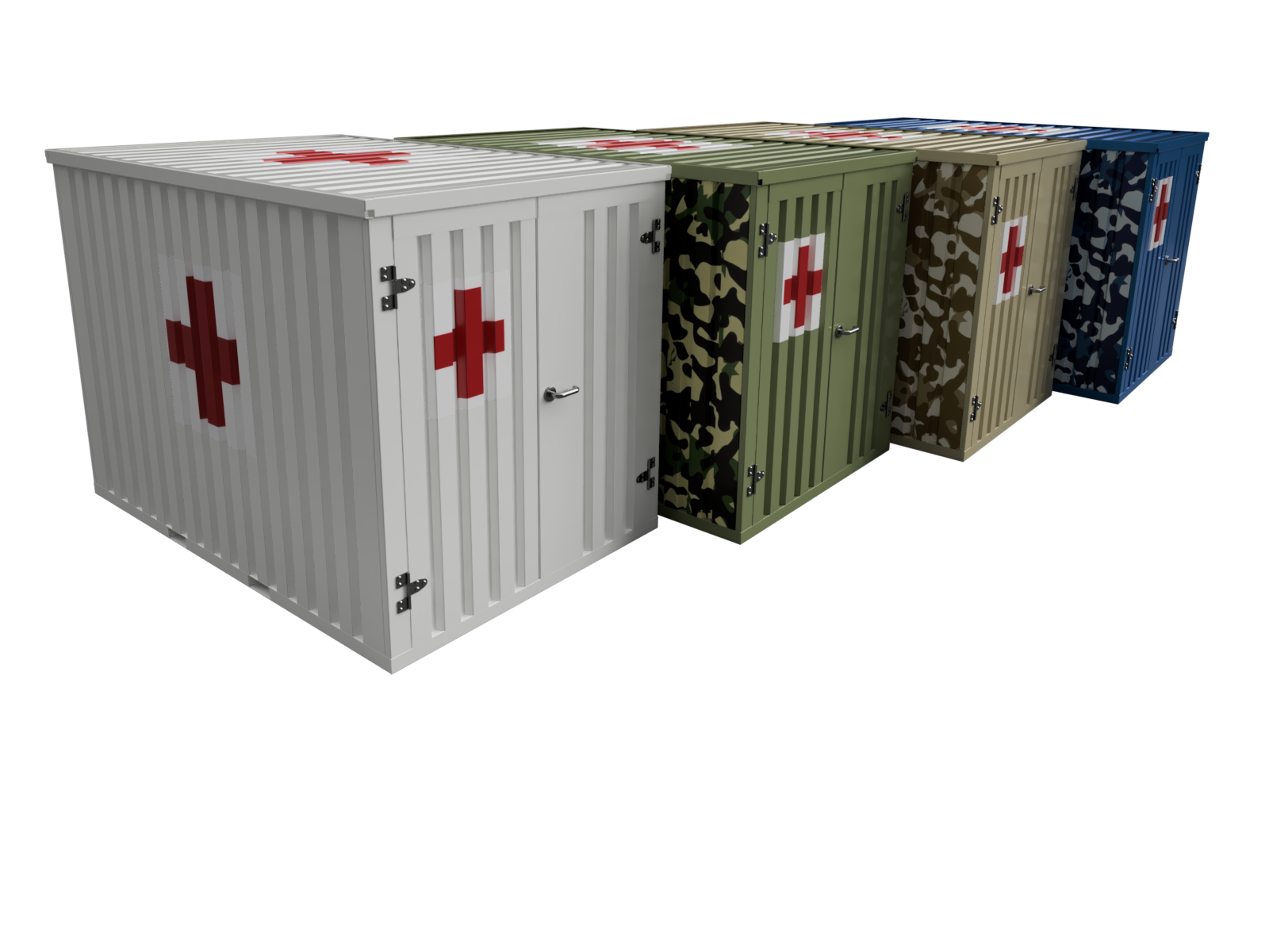 Fältsjukhus containers 3x2 meter gruppbild (vit, forest camouflage, desert camouflage, ocean camouflage) mot vit bakgrund